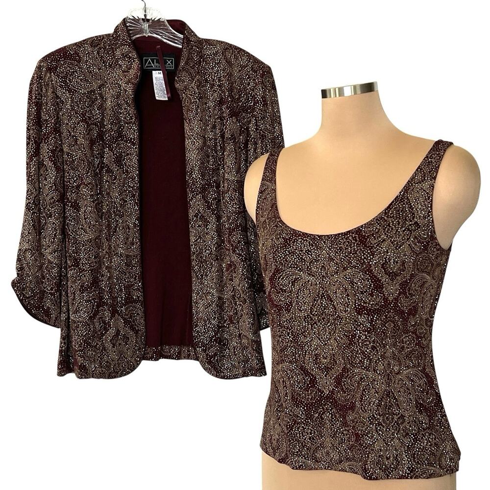 Vintage Alex Evenings Set Jacket Tank Top Medium 80s Rhinestone Sparkle Maroon